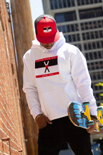 Load image into Gallery viewer, Man wearing white hoodie with black white and red Heart-OMS flag on center front. Man holding skateboard wearing black and red flat bill cap with heart-oms flag on the front.